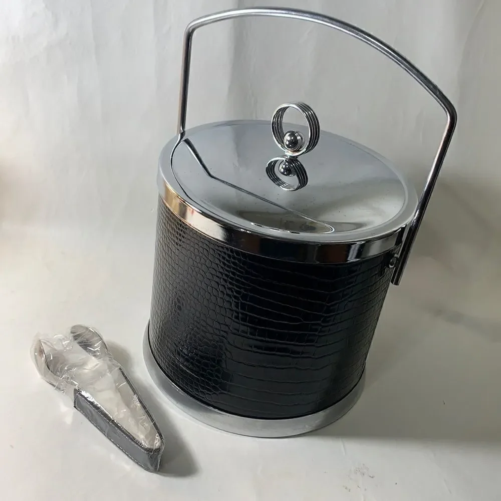 Wine Bucket Silver Brown Crocodile Embossed Tongs Home Bar Cocktail Entertaining